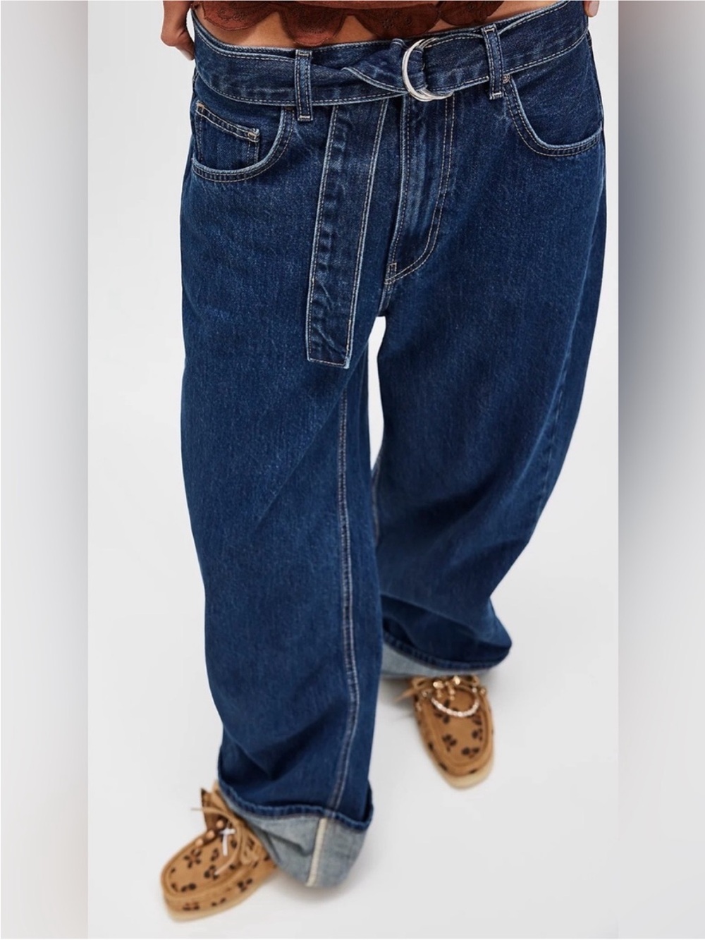 Free People East Bay Belted Cuffed Straight Wide Leg Jeans Concord Size 27 - Picture 7 of 7